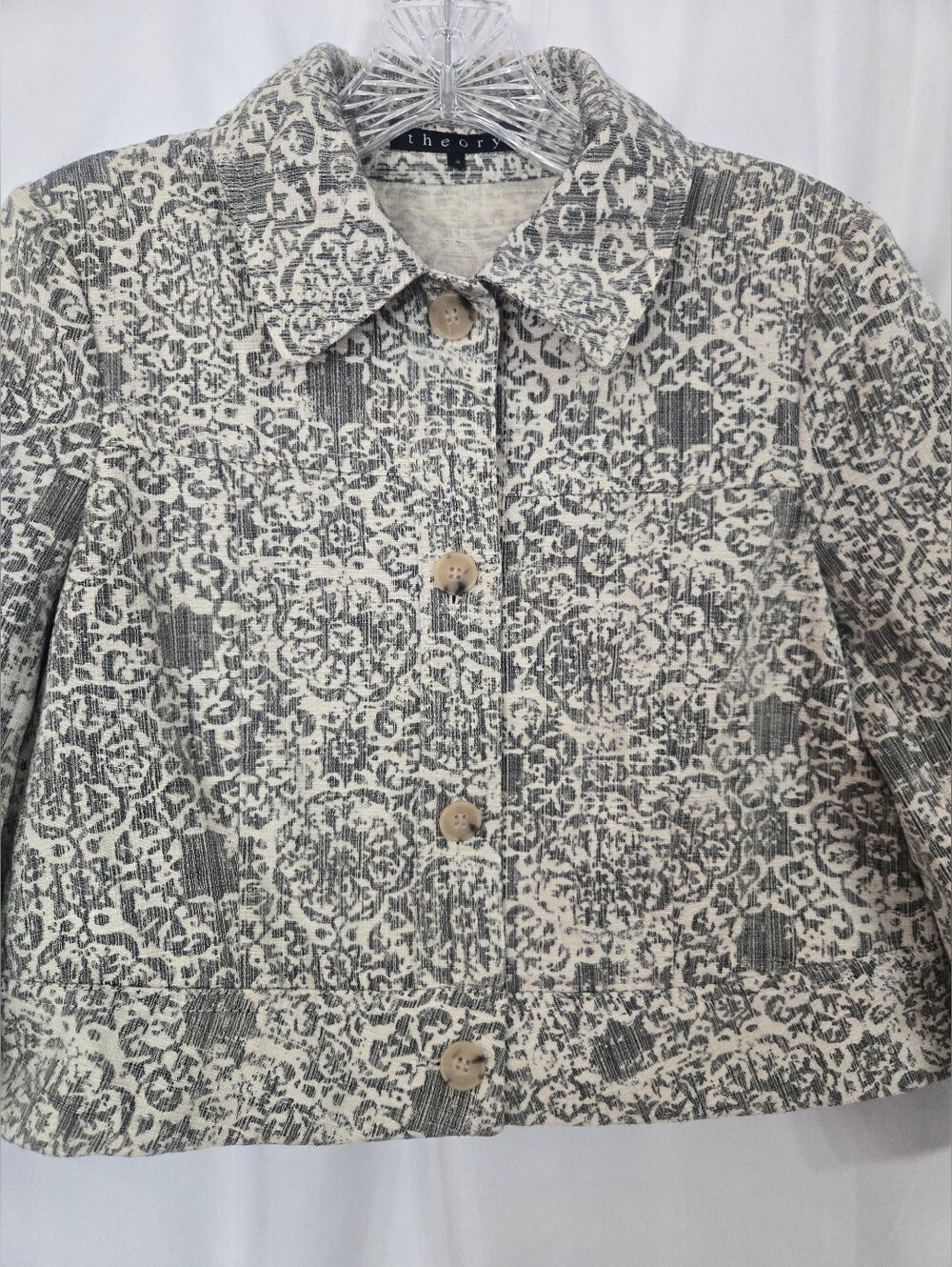 Theory Gray/Ivory Tapestry Patterned Cropped Fall Blazer Size S